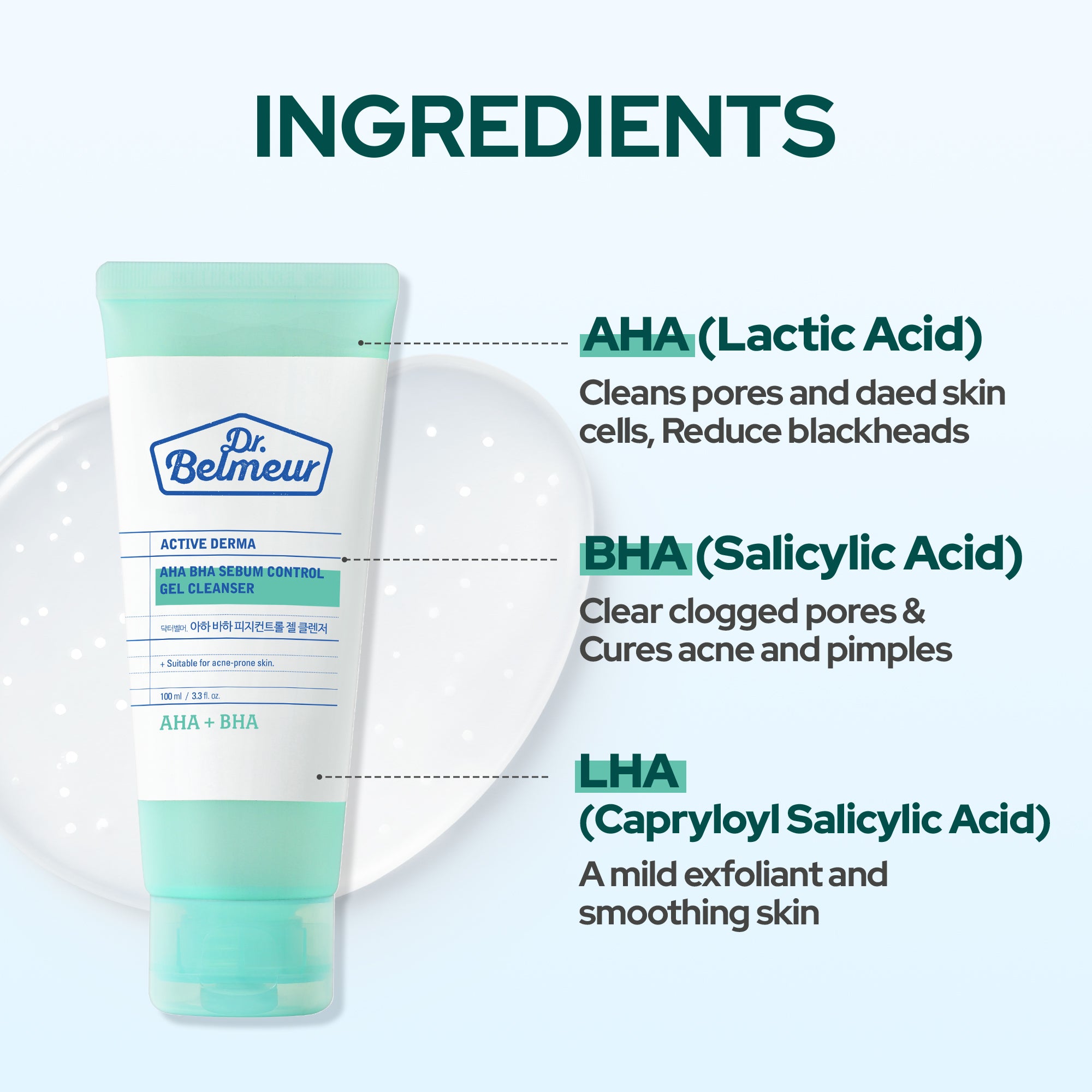 Dr Belmeur AHA/BHA Sebum Control Gel Cleanser 100ml - For Oily Skin