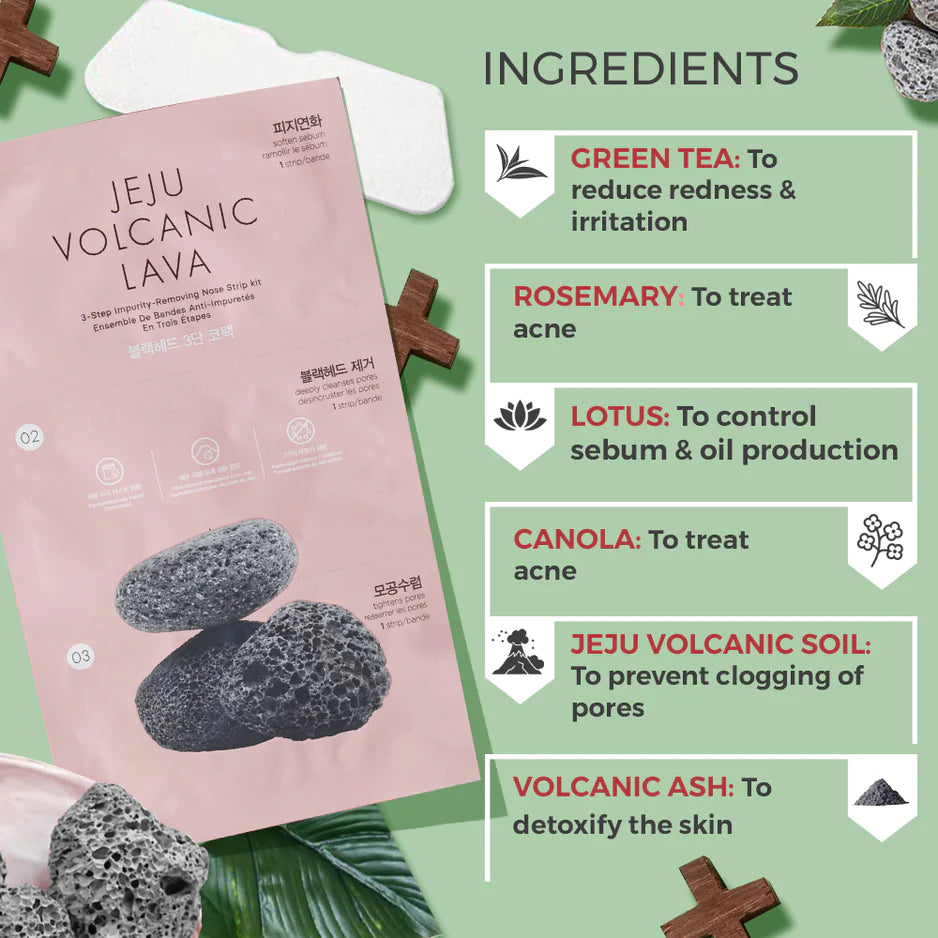 The Face Shop Jeju Volcanic Lava 3 STEP IMPURITY Removing Nose Patch (3 Strips)