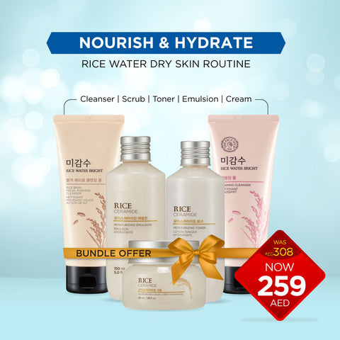Nourish & Hydrate Dry Skin Routine: Rice Ceramide Cleanser, Scrub, Toner, Moisturizer and Cream & Moisturizer (5 Pack)