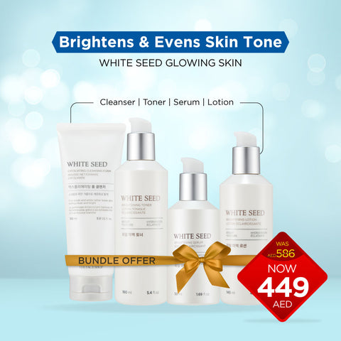 White Seed Glowing Skin: Cleanser,Toner, Serum & Cream- Brightens & Evens Skin Tone (4 Pack)