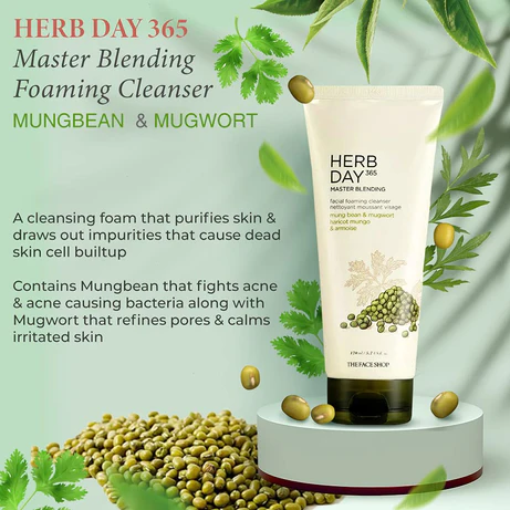 The Face Shop Herb Day 365 Facial Foaming Cleanser Mung bean & Mug wort - 170ml