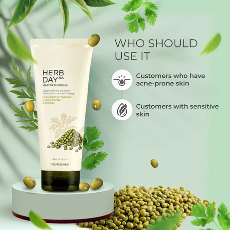 The Face Shop Herb Day 365 Facial Foaming Cleanser Mung bean & Mug wort - 170ml