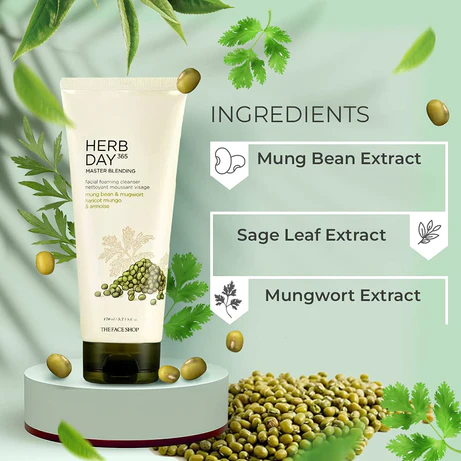 The Face Shop Herb Day 365 Facial Foaming Cleanser Mung bean & Mug wort - 170ml